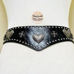 Black faux leather heart belt with silver crosses